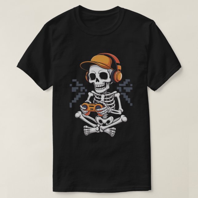 Camiseta Gamer Esqueleto Retro com Fone de Ouvido e Control (Frente do Design)