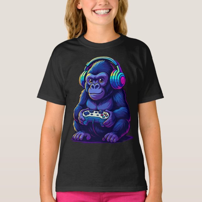 Camiseta Gamer Gorilla with Headphones — Neon Gaming Vibes (Frente)