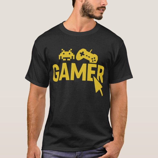 Camiseta “Gamer Icons T-Shirt – Retro Controller and Pixel  (Frente)