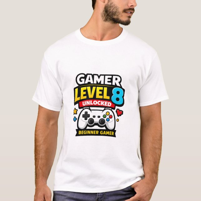 Camiseta Gamer Level 8 Unlocked Beginner Controller Funny (Frente)