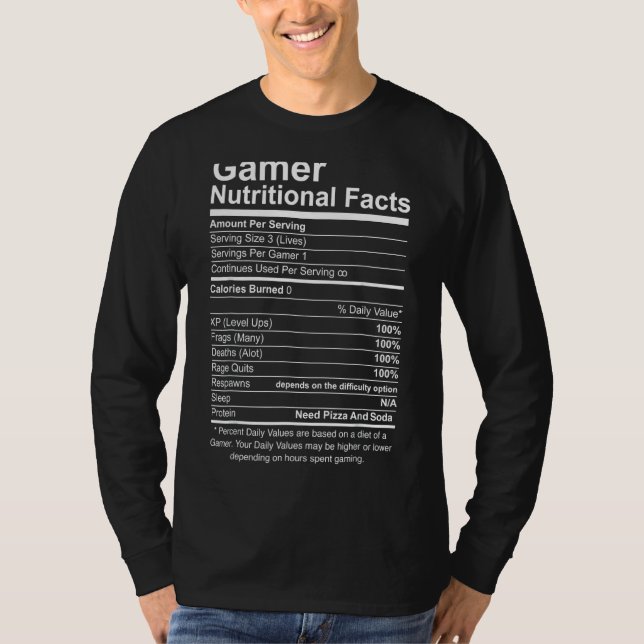Camiseta Gamer Nutricional Fatos Legal Jogo de Vídeo Gamer (Frente)