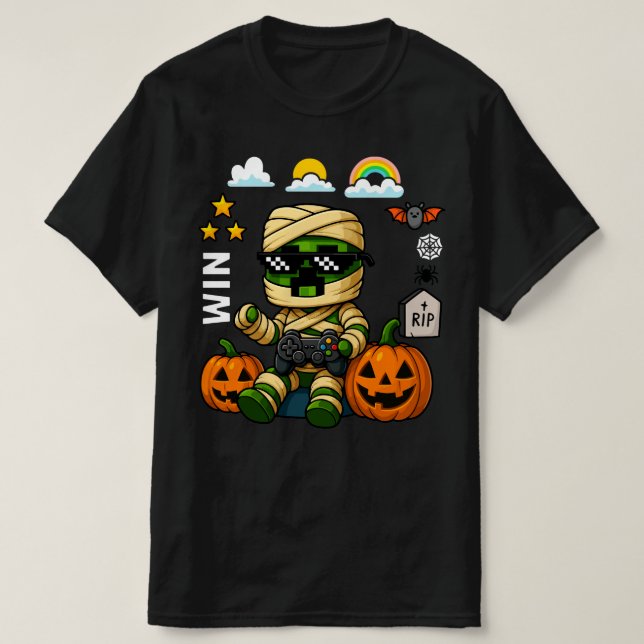 Camiseta Gamer Pixel Pumpkin Mummy Men Kids Boy Halloween  (Frente do Design)