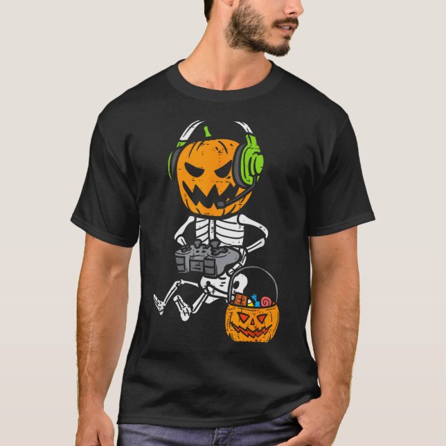 Camiseta Gamer Pumpkin Skeleton Funny Halloween Gaming Boys (Frente)