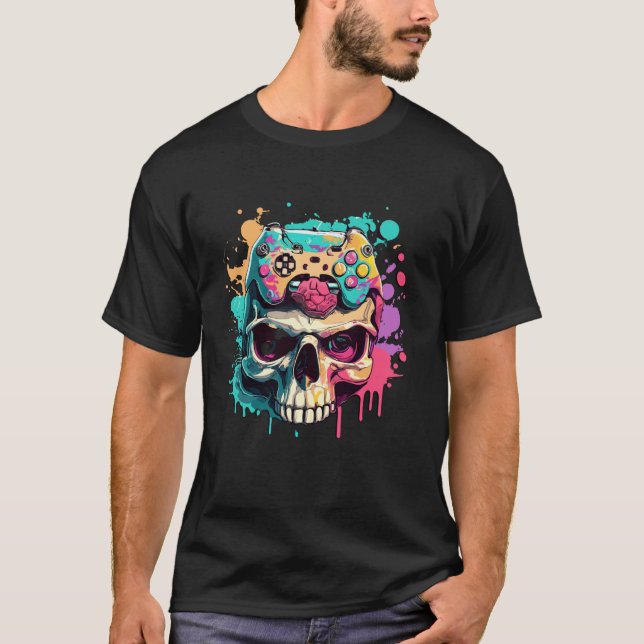 Camiseta Gamer Skull Paint Splash Video Game Controller Tee (Frente)