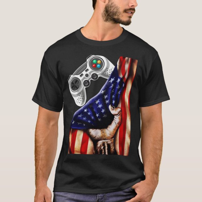 Camiseta Gamer  USA Flag Video Game Player Boys Teens Men (Frente)