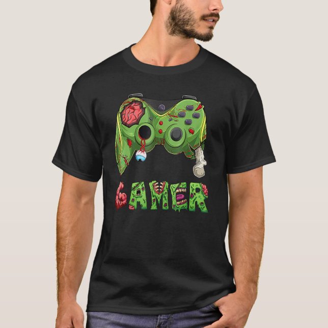 Camiseta Gamer Zombie Video Game Player Controller Hallowee (Frente)