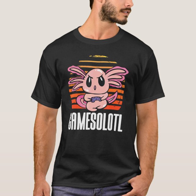 Camiseta Gamesolotl Axolotl Gamer Reproduzindo Videos games (Frente)