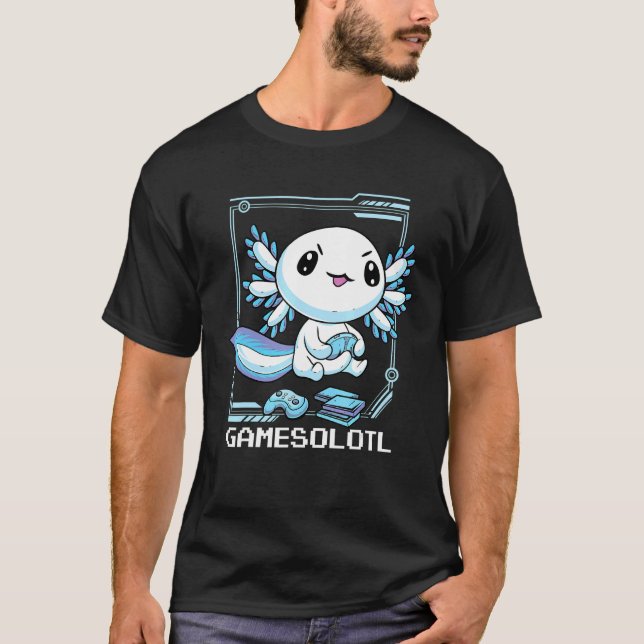 Camiseta Gamesolotl Gamer Axolotl Peixes Jogando Videos gam (Frente)