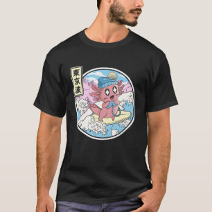Camiseta Gaming Axolotl Surfing Japonês Wave Kawaii Vaporw
