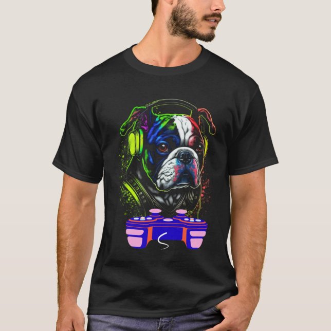 Camiseta Gaming Bulldog Dog Player Animal Video Gamer  Men  (Frente)