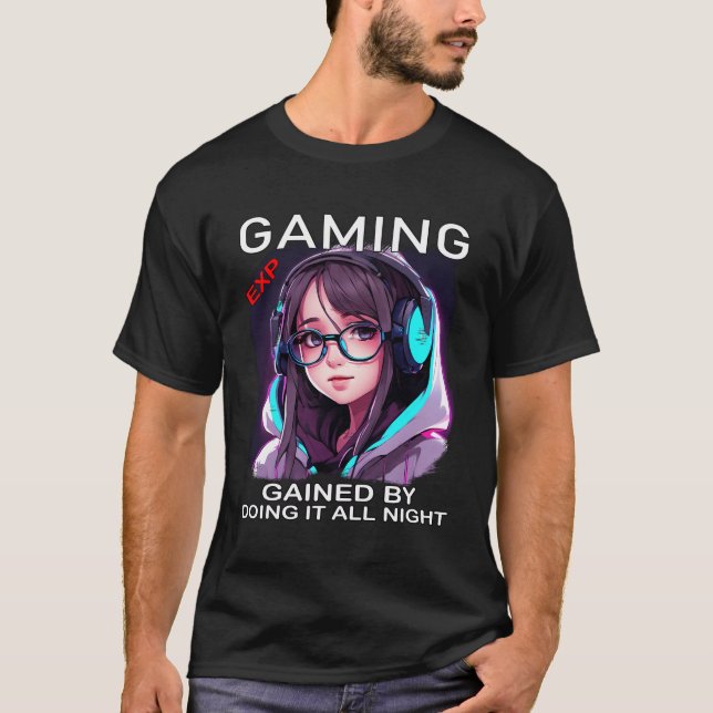 Camiseta Gaming Exp Ganhou Fazendo Tudo A Noite - Anime Ad (Frente)