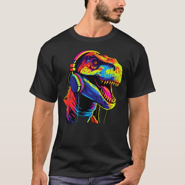 Camiseta Gaming Music Podcast Headset Headphones Dinosaur T (Frente)