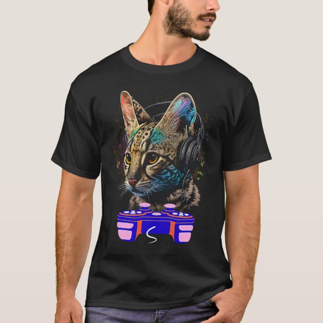 Camiseta Gaming Savannah Cat Player Animal Video Gamer Men (Frente)