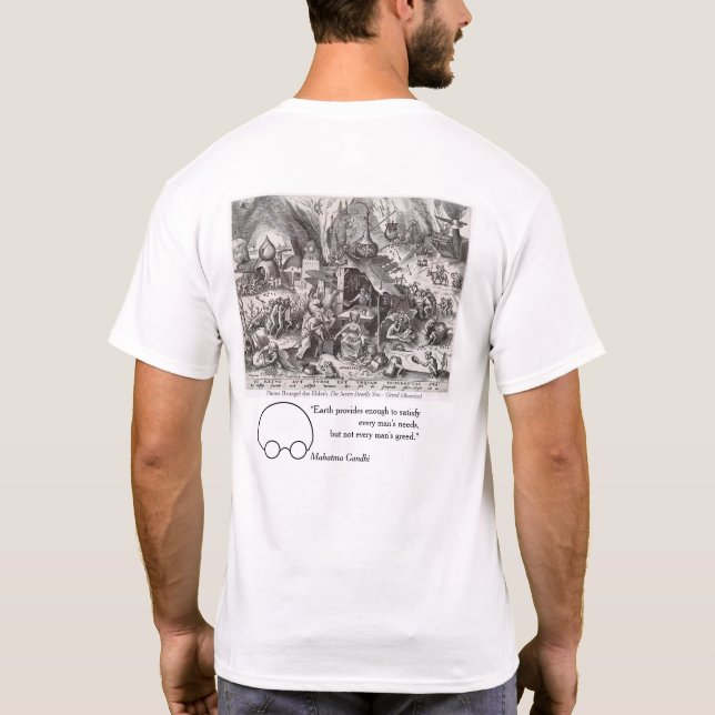 Camiseta Ganância, visões de Bruegel e Gandhi (Verso)