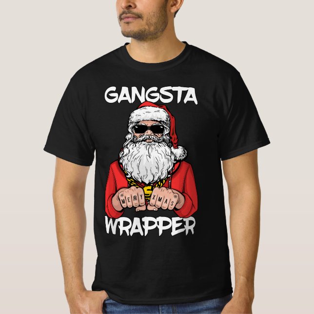 Camiseta Gangsta Wrapper - Papais noeis Engraçado Natal (Frente)