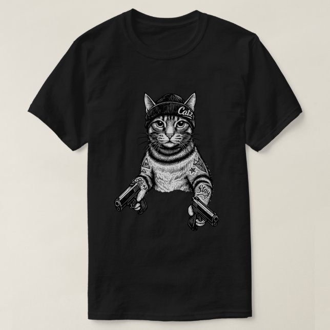 Camiseta Gangster Cat Tattoo Art | Cool Streetwear Kitty (Frente do Design)