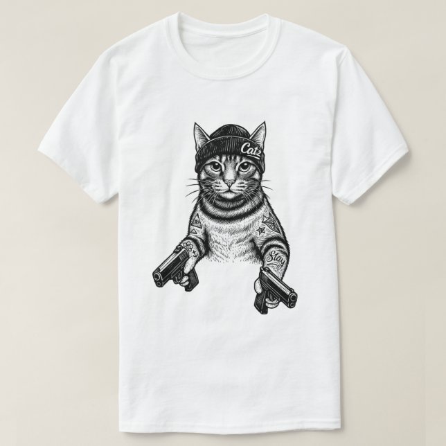 Camiseta Gangster Cat Tattoo Art | Cool Streetwear Kitty (Frente do Design)
