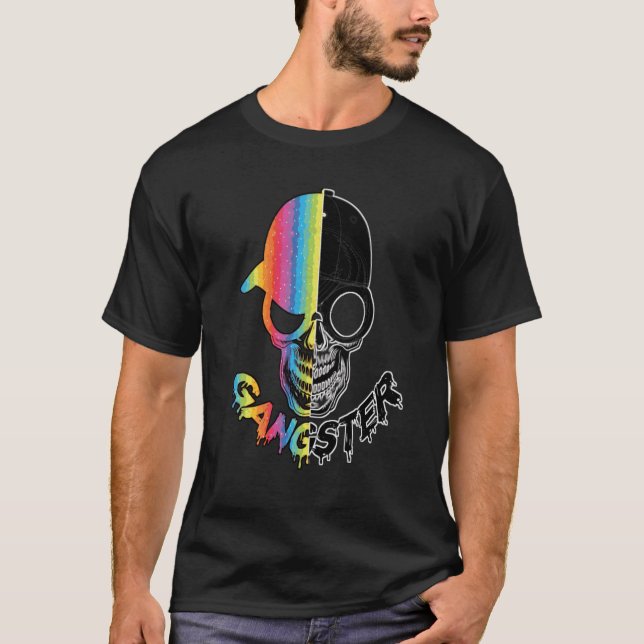 Camiseta Gangster - Caveira Preta E Meia Cor Arco-Íris (Frente)