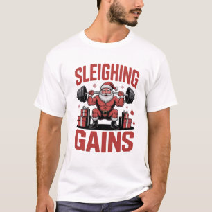 Camiseta Ganhos de Trenó Papai Noel Levantando Pesos Natal