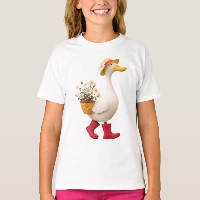 Camiseta Ganso com Cesta de Flores – Patos Lindos para Cria (Frente)