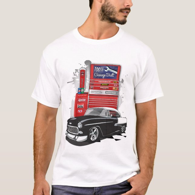 Camiseta Garagem de Ar Chevy Bel Preta e Branca, 1955, cons (Frente)