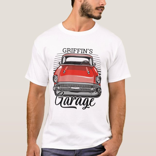 Camiseta Garagem de Automóveis Clássicos Retroativos do NOM (Frente)