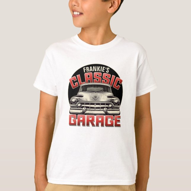 Camiseta Garagem de Carros Clássicos Personalizados NAME Lo (Frente)