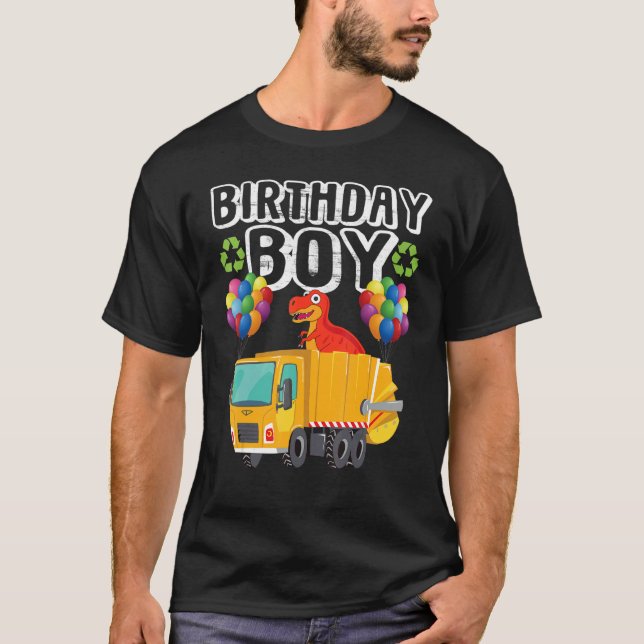 Camiseta Garbage Truck Birthday Boy Balloons Dinossauro Nas (Frente)