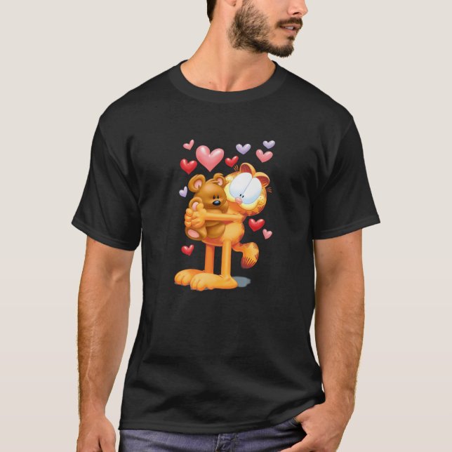 Camiseta Garfield Hugging Pooky com Cartoon 3D Hearts (Frente)