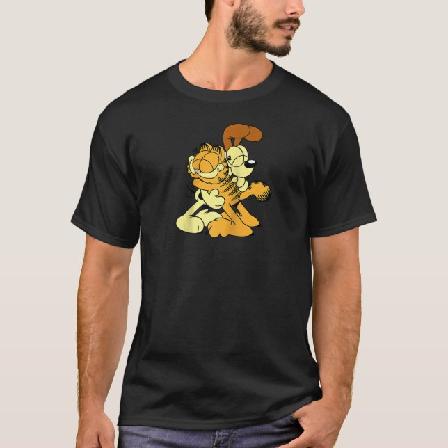 Camiseta Garfield Odie Hugging Gato de Cartoon Gato e Cacho (Frente)