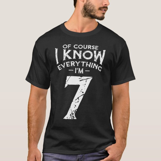 Camiseta Garota, 7 de aniversário, Eu sei tudo que tenho 7  (Frente)