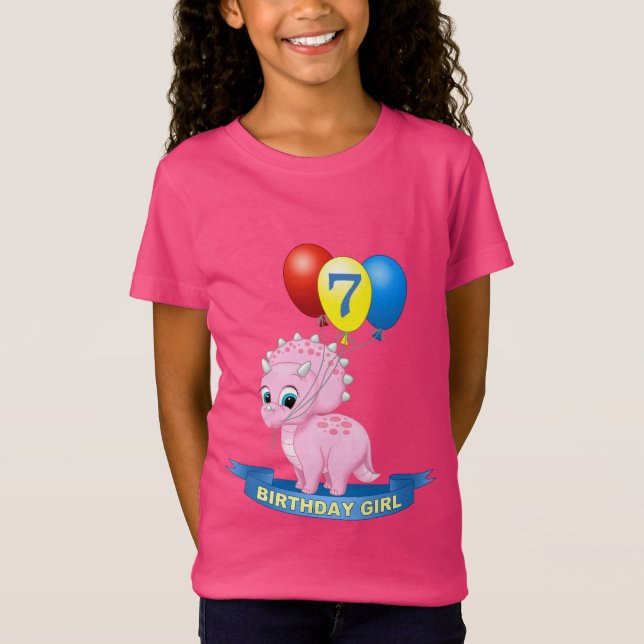Camiseta Garota 7 de Aniversário Rosa Tricerátops Dino (Frente)