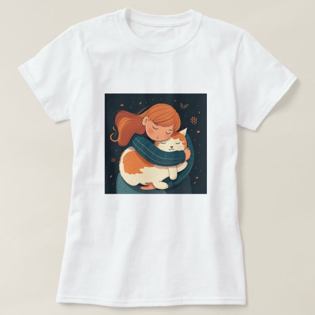 Camiseta Garota abraça bonitinha de gata. Criança e animal  (Frente do Design)