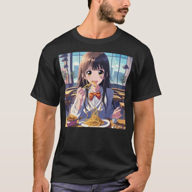 Camiseta Garota Animadora Comendo Espaguete (Frente)