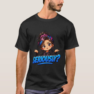 Camiseta Garota Anime Chibi Confusa "SÉRIO?" Encolhendo os