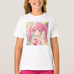 Camiseta Garota Anime Fofa de Rosa Bebendo Chá de Bolhas