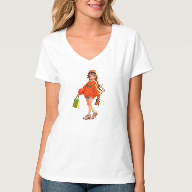 Camiseta Garota Anime Fofa Fazendo Compras - Estilo de Rua  (Frente)