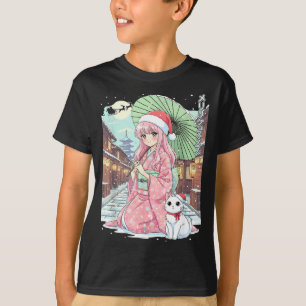 Camiseta Garota Anime Kimono Natal Japão Gato Natal Japão A