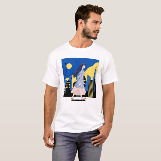 Camiseta Garota anime na cidade da noite (Frente Completa)