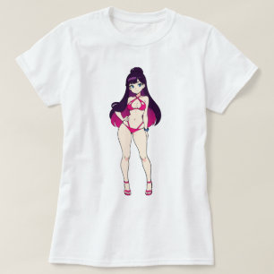 Camiseta Garota Anime Pin-Up de Biquíni Rosa com Recortes