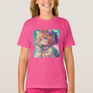 Camiseta Garota anime segurando um gatinho adorável