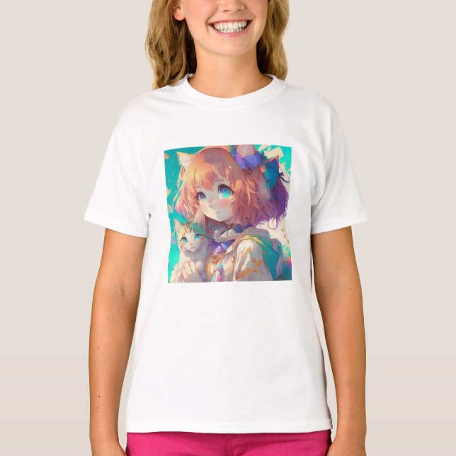 Camiseta Garota anime segurando um gatinho adorável (Frente)