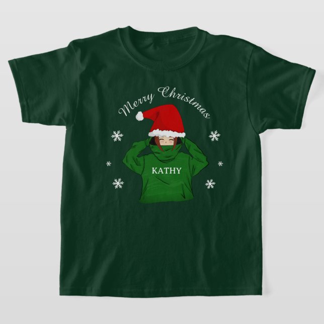 Camiseta Garota bonita com capuz verde e Natal (Postura )