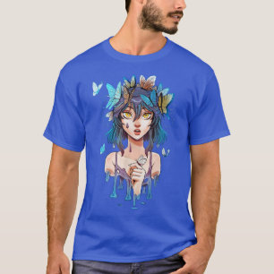 Camiseta Garota bonita de cartoon com borboletas voadoras