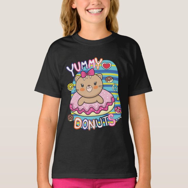 Camiseta Garota Bonita De Gato De Gato De Rosquinhas Iummy (Frente)