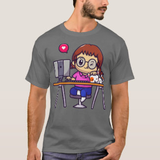 Camiseta Garota Bonita Trabalhando No Computador Com Cartog