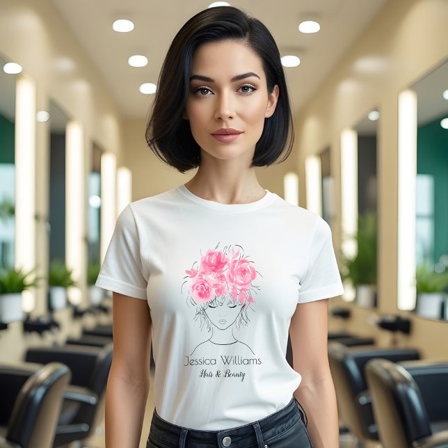 Camiseta Garota bonito, branca, cor-de-água rosa, rosas-Flo (Criador carregado)