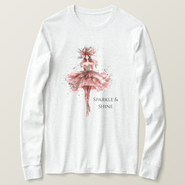 Camiseta Garota brilhante em vestido Dourado rosa rosa rosa (Frente do Design)