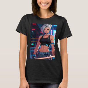 Camiseta Garota Ciberpunkue Retrô Anime Lutadora de Rua Neo