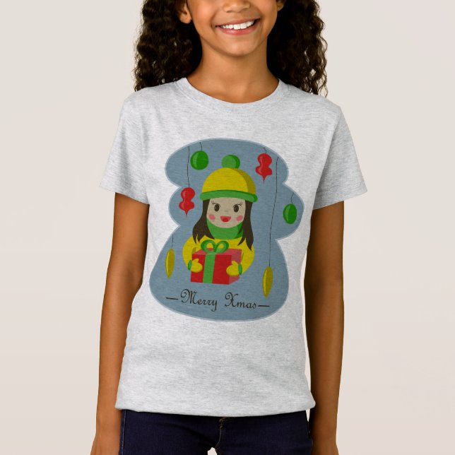 Camiseta Garota com caixa de presentes de Natal (Frente)
